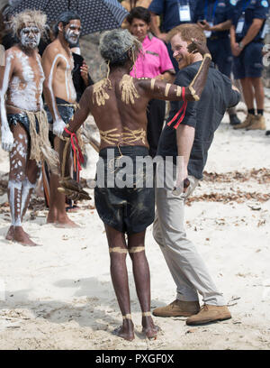 The Duke of Sussex with aboriginal man Joe Gala at McKenzie's Jetty on Fraser Island, on day seven of the Duke and Duchess of Sussex's visit to Australia. Stock Photo