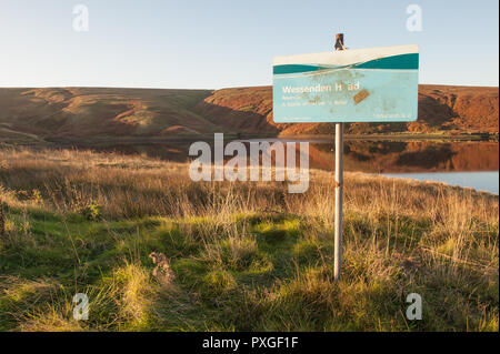 A view of Wessenden Head Reservoir, Saddleworth Moor at sunrise on October 22nd 2018. Stock Photo