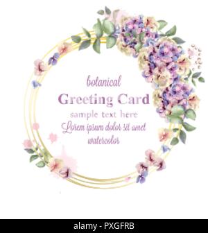 Hydrangeas Watercolor floral wreath Vector. Delicate colorful spring decor wedding or greeting card Stock Vector