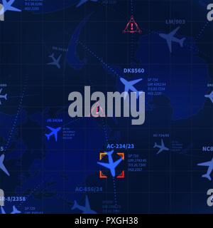 Detailed blue military radar with airline routes and target icon seamless pattern Stock Vector