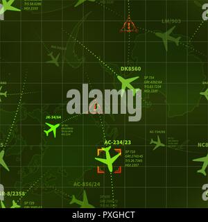 Detailed green military radar with planes traces and targets seamless pattern Stock Vector