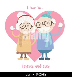 Cute old man and woman couple wearing winter suit cartoon smiling with happiness againts pink heart shape vector illustration eps10 Stock Vector