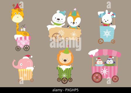 Collection of Animal cartoon on the cart smile with happiness vector illustration eps10 Stock Vector