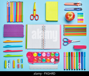 Composition lined with school supplies. flat lay Stock Photo