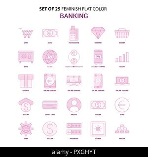 Set of 25 Feminish Banking Flat Color Pink Icon set Stock Vector