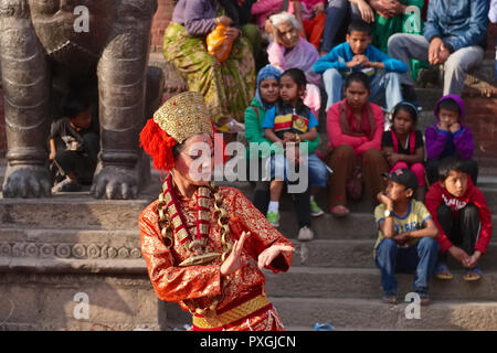 A performance of classical Nepalese dance on the occasion of the Nepalese New Year,  at Shiva-Parvati Temple, Durbar Square, Kathmandu, Nepal Stock Photo