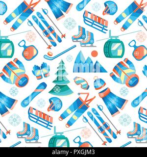 Winter sports seamless pattern with equipment flat icons. Stock Vector