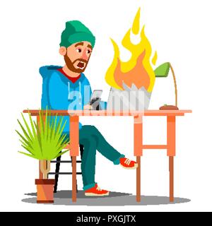 Scared Employees Sitting At The Table And Burning With Fire Laptop Vector. Isolated Illustration Stock Vector