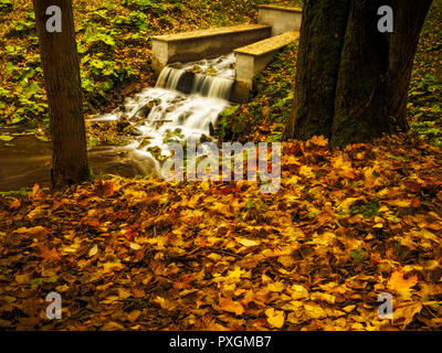 Artificial waterfall in an autumn park. Yellow leaves on the shores Stock Photo