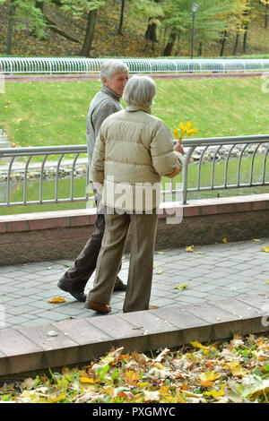 Portrait of happy senior couple in autumn park Stock Photo