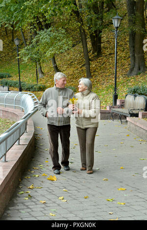 Portrait of happy senior couple in autumn park Stock Photo