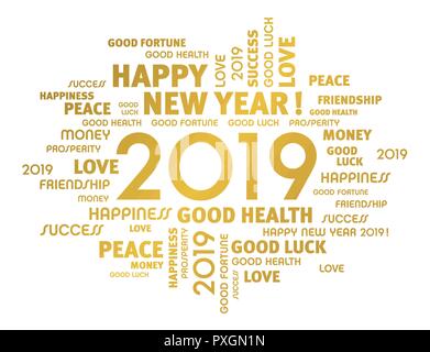 Gold greeting words around New Year date 2019, isolated on white Stock Vector
