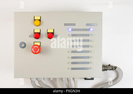 High voltage control panel with power button and different switches Stock Photo