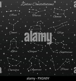 Hand drawn vector zodiac constellations set of 12 signs: aries, taurus, gemini, cancer, leo, virgo, libra, scorpio, sagittarius, capricorn, aquarius a Stock Vector