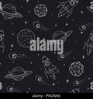Vector Hand drawn seamless pattern with Jupiter, Mars, Saturn, Neptune planets, moon and flying rockets on the starry background. Space elements outli Stock Vector