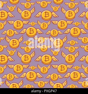 Bitcoins with wings, seamless vector pattern, flat line design style Stock Vector