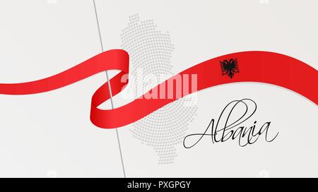 Vector illustration of abstract radial dotted halftone map of Albania and wavy ribbon with Albanian national flag colors for your design Stock Vector