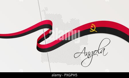 Vector illustration of abstract radial dotted halftone map of Angola and wavy ribbon with Angolan national flag colors for your graphic and web design Stock Vector