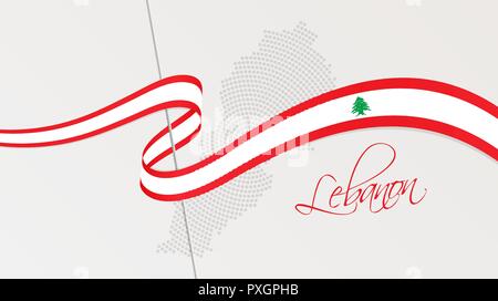 Vector illustration of abstract radial dotted halftone map of Lebanon and wavy ribbon with Lebanese national flag colors Stock Vector