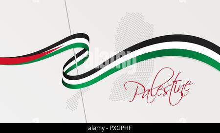 Vector illustration of abstract radial dotted halftone map of Palestine and wavy ribbon with Palestinian national flag colors Stock Vector