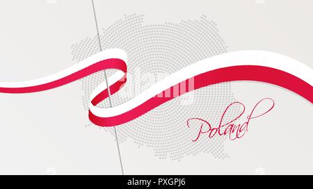 Vector illustration of abstract radial dotted halftone map of Poland and wavy ribbon with Polish national flag colors for your graphic and web design Stock Vector