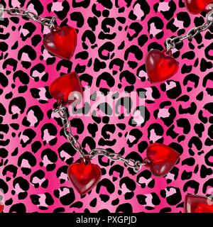 Brush painted tiger seamless pattern. Pink leopard spots and chained red heart background. Stock Vector