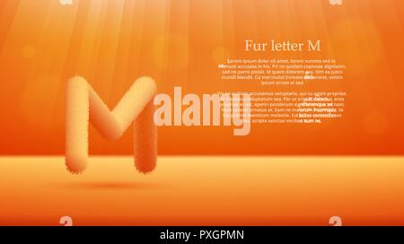 Product display or advertising concept template. Vector illustration of fur letter M over mango or mandarin color gradient studio room background Stock Vector