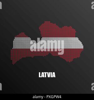 Vector illustration of abstract halftone map of Latvia made of square pixels with Latvian national flag colors for your graphic and web design Stock Vector