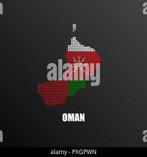 Vector illustration of abstract halftone map of Oman made of square pixels with Omani national flag colors for your graphic and web design Stock Vector