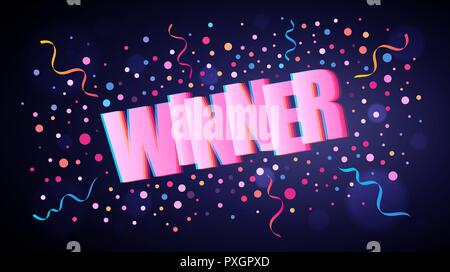 Winner overlapping festive lettering with colorful round confetti over dark violet background for your graphic and web design Stock Vector