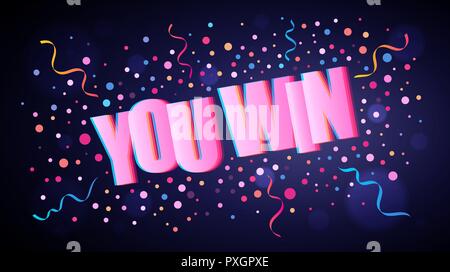 You Win overlapping festive lettering with colorful round confetti over dark violet background for your graphic and web design Stock Vector