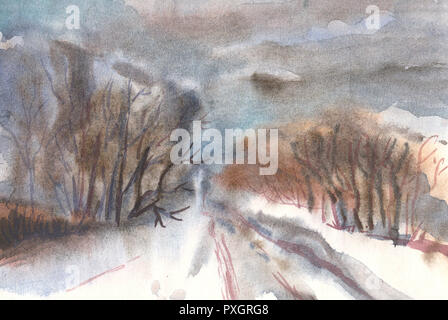 Winter landscape. Road in forest. Watercolor illustration. Stock Photo