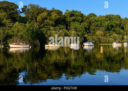 Boats at anchor in evening light on River Leven in Balloch, West Dunbartonshire, Scotland Stock Photo