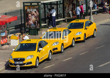 Istanbul, Turkey, September 23., 2018: Booth with yellow taxis in a suburb of Istanbul Stock Photo