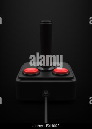 3d rendered front view of a retro joystick with a black stick dramatically lit from above on a black background. Stock Photo