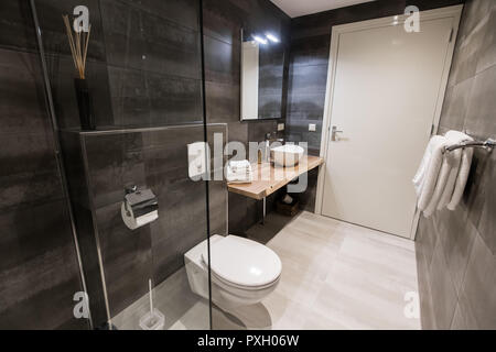 Modern bathroom with a shower area and bath tub including a wall mirror beside a fancy plant near a tap and sink over the wooden counter and dark cupboard. Stock Photo