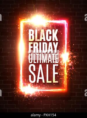 Black friday ultimate sale background. Discount sales festive backdrop with flashes stars fireworks particles on brick wall. Black friday design. Banner or flyer template. Colorful vector illustration Stock Vector