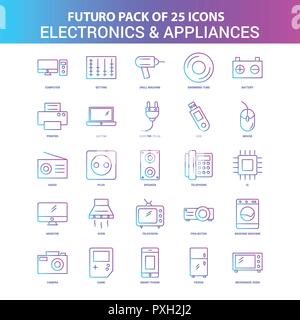 25 Blue and Pink Futuro Electronics and Appliances Icon Pack Stock Vector