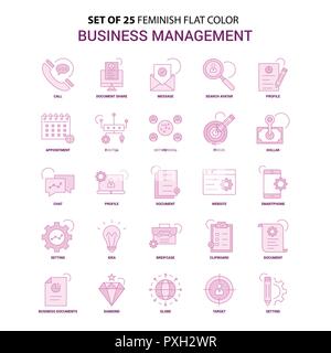 Set of 25 Feminish Business Management Flat Color Pink Icon set Stock Vector