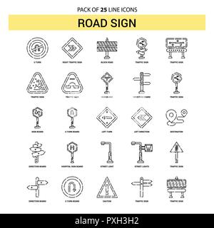 Road Sign Line Icon Set - 25 Dashed Outline Style Stock Vector