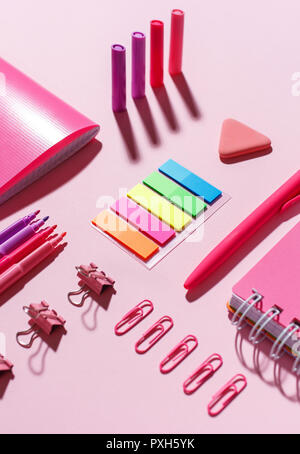 Bright stickers in the pink stationery. Education concepte. Stock Photo