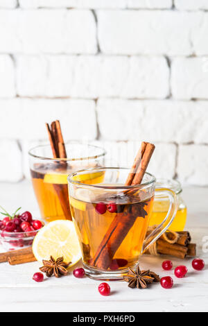 Autumn or winter hot tea with fruit, berries and spices. Stock Photo