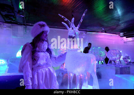An Ice Princess looks at an ice sculpture of a reindeer at SantaPark, in Rovaniemi, Finland. Rovaniemi is the provincial capital of Finnish Lapland and is situated on the Arctic Circle, it is also the official hometown of Santa Claus. Stock Photo