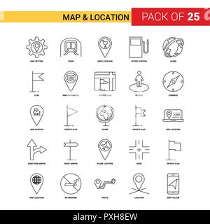 Map and Location Black Line Icon - 25 Business Outline Icon Set Stock Vector