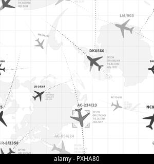Detailed monochrome radar map with planes, seamless pattern Stock Vector