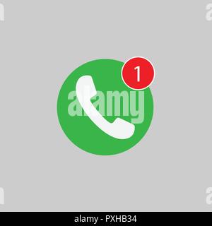 Phone icon, one missed call sign, white on green background. Stock Vector