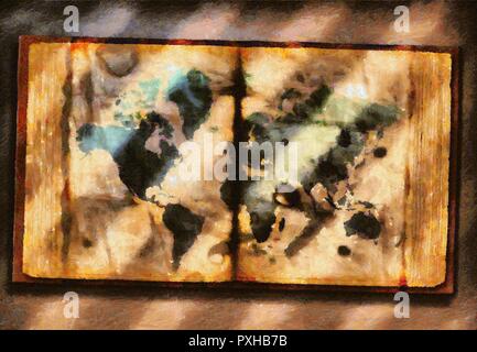 Oil painting on canvas. World map in ancient book. Stock Photo