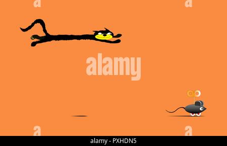 the cat is chasing a toy mouse on wheels Stock Vector