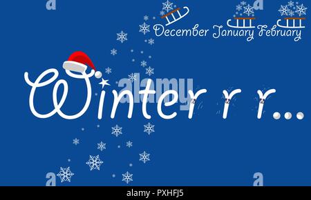 inscription winter on blue background with falling snowflakes Stock Vector