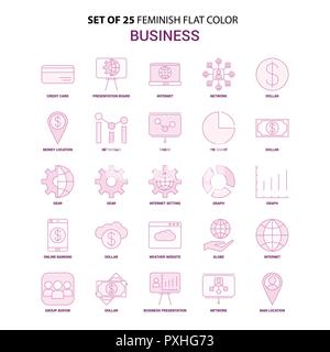 Set of 25 Feminish Business Flat Color Pink Icon set Stock Vector